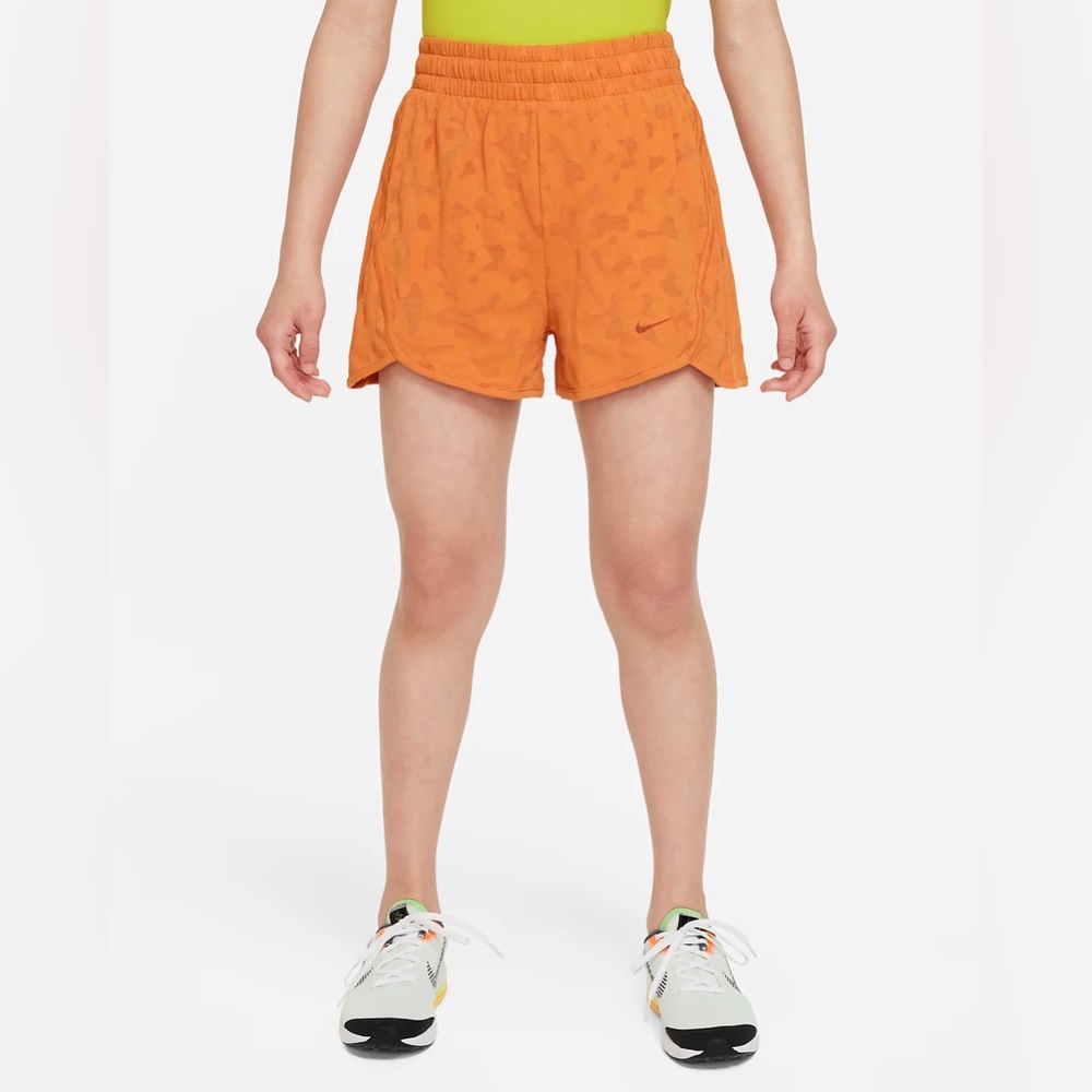 Nike Dri-FIT Breezy Girls High-Waisted Training Shorts in Orange Monarch Size XL